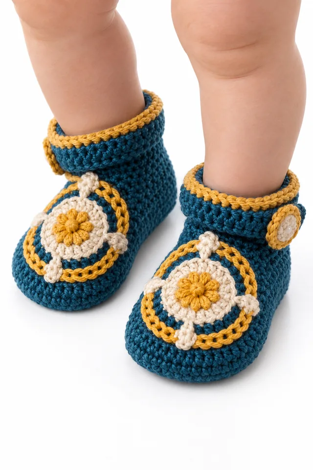 AI concept of petrol blue crochet baby slipper boots with braided torus links up the front.