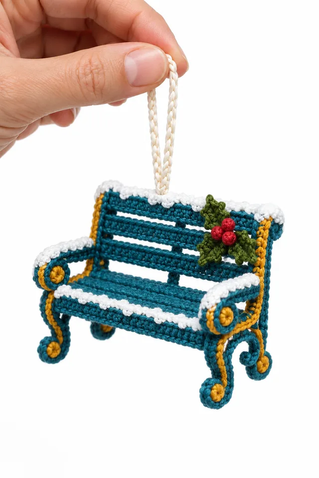 AI concept of a petrol blue crochet station bench ornament with curved armrests.
