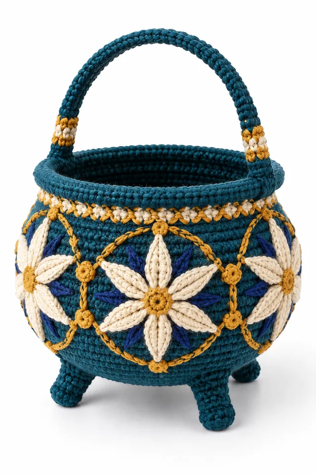 AI concept of a petrol teal crochet cauldron-shaped treat basket with compass petal pattern.