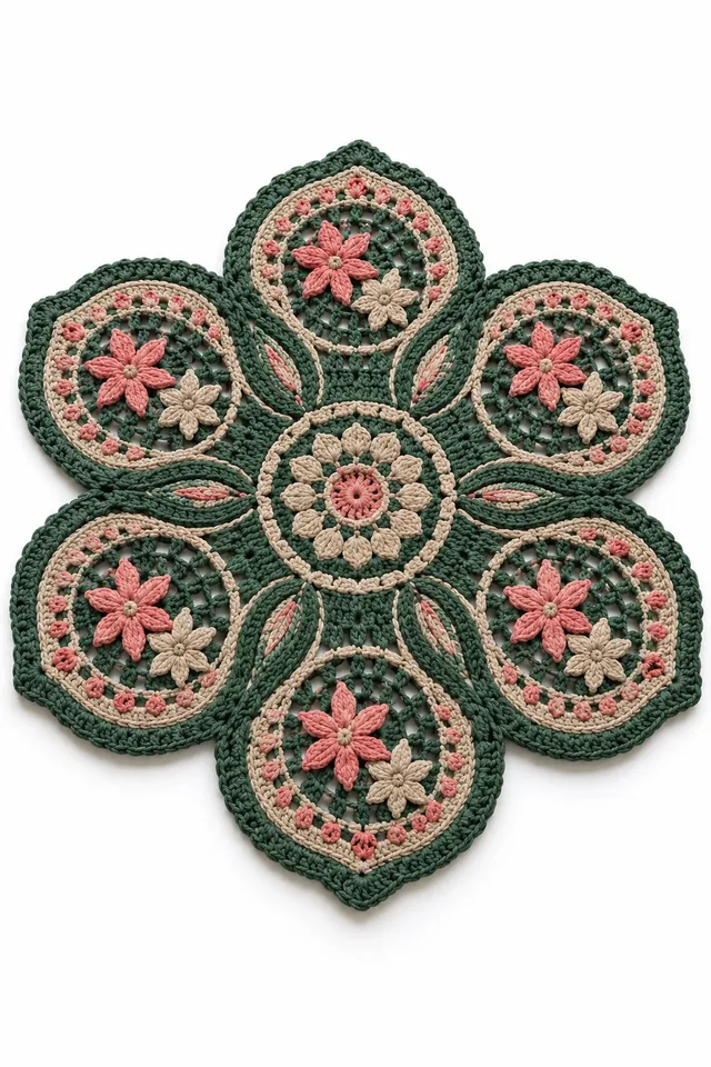 AI concept of a petal-shaped pine green crochet rug with blue borage star flowers.