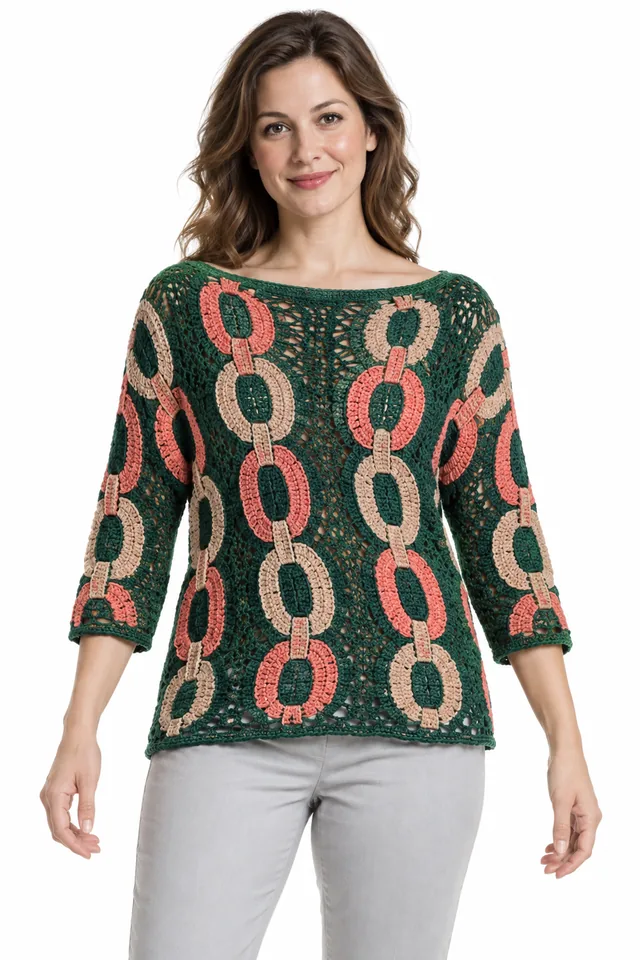 AI concept of a pine green crochet boat-neck blouse with braided torus links texture.