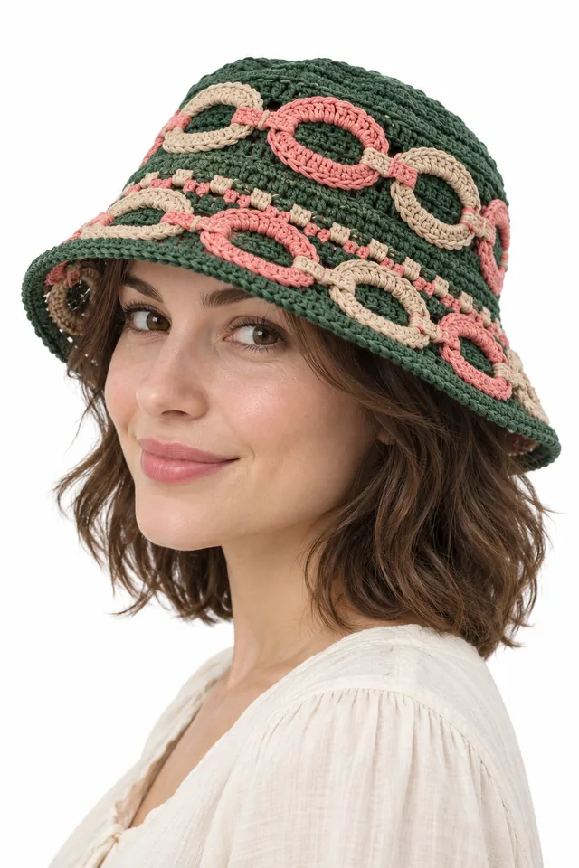 AI concept of a pine green crochet bucket hat covered in braided torus links.