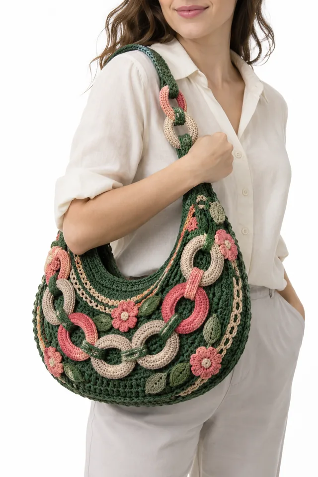AI concept of a pine green crescent-shaped crochet bag with braided torus links.