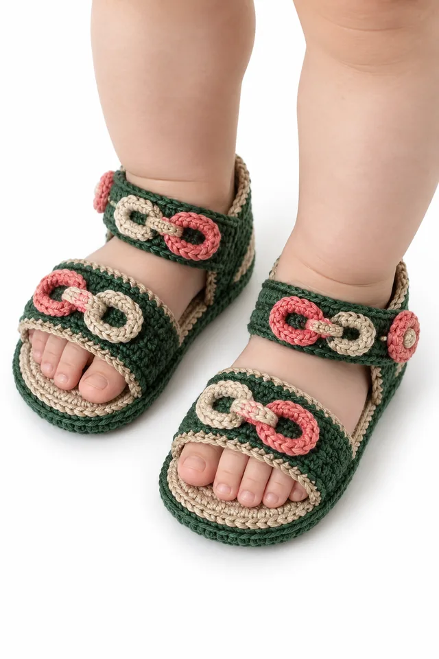 AI concept of pine green crochet baby strap sandals with braided torus straps.