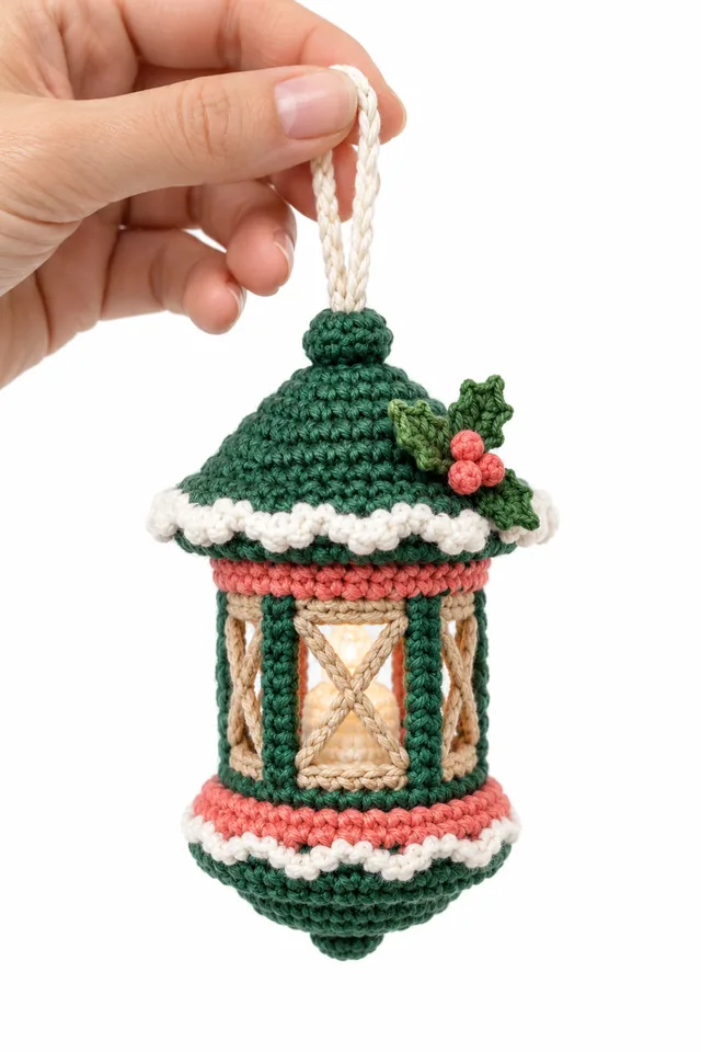 AI concept of a pine green crochet railway lantern ornament with a domed roof.