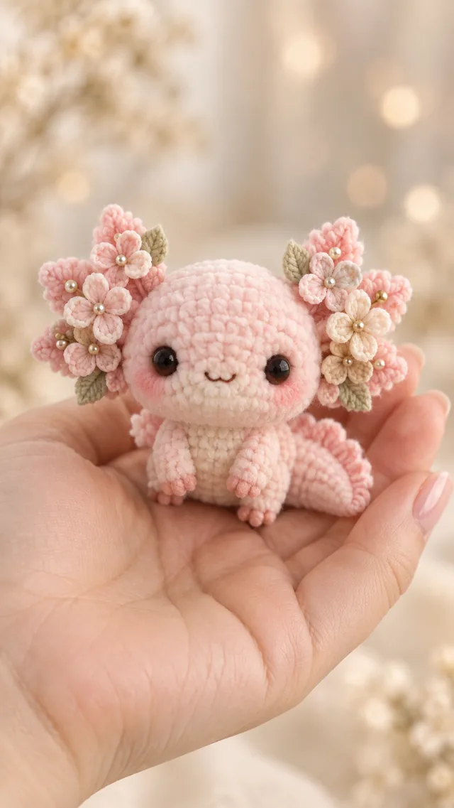 AI concept of a pink crochet axolotl amigurumi decorated with cherry blossoms.