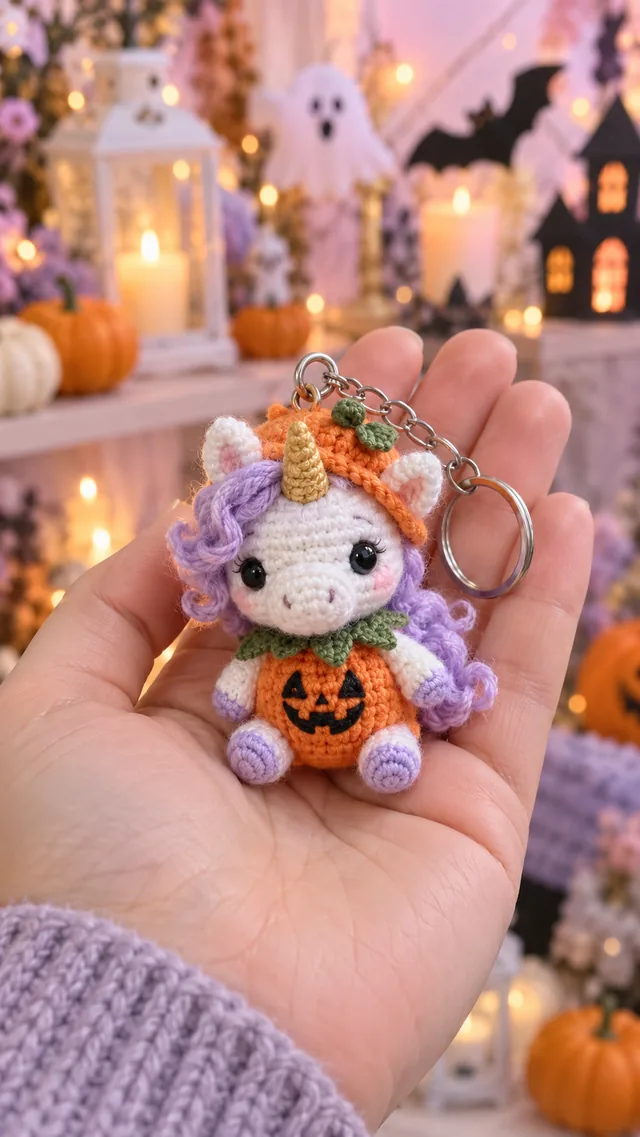AI concept of a pastel crochet unicorn keychain holding a small jack-o-lantern.