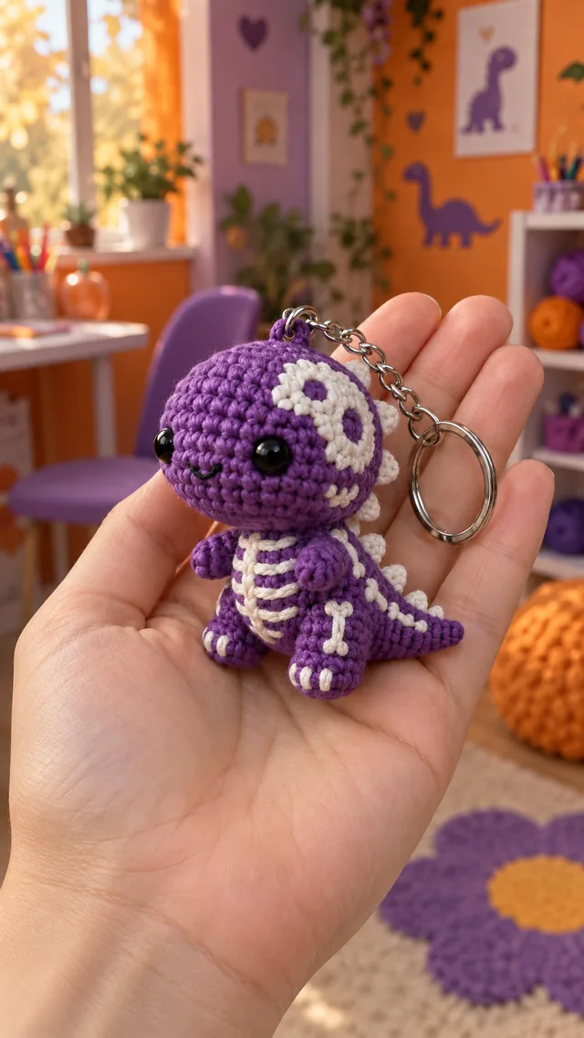 AI concept of a purple crochet dinosaur keychain with white skeleton bones pattern.