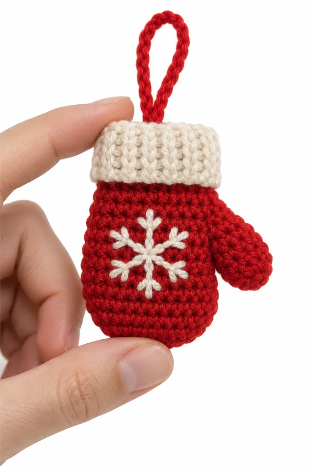 AI concept of a red crochet mitten Christmas ornament with cream cuff.
