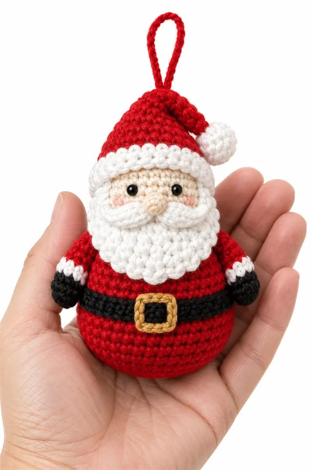 AI concept of a red crochet Santa Claus Christmas ornament with white beard.