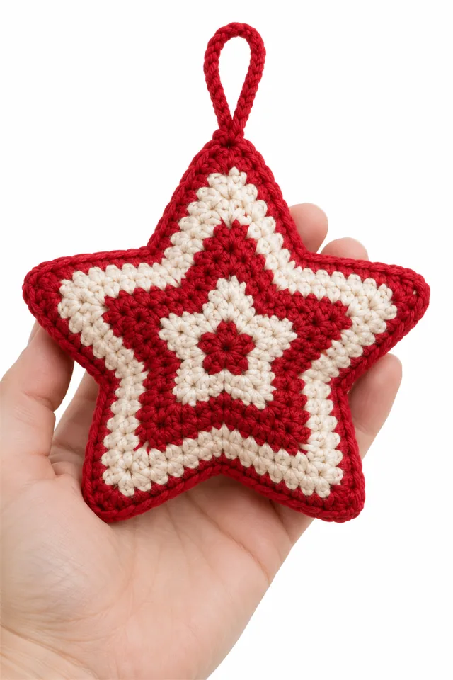 AI concept of a red and white crochet star Christmas ornament.