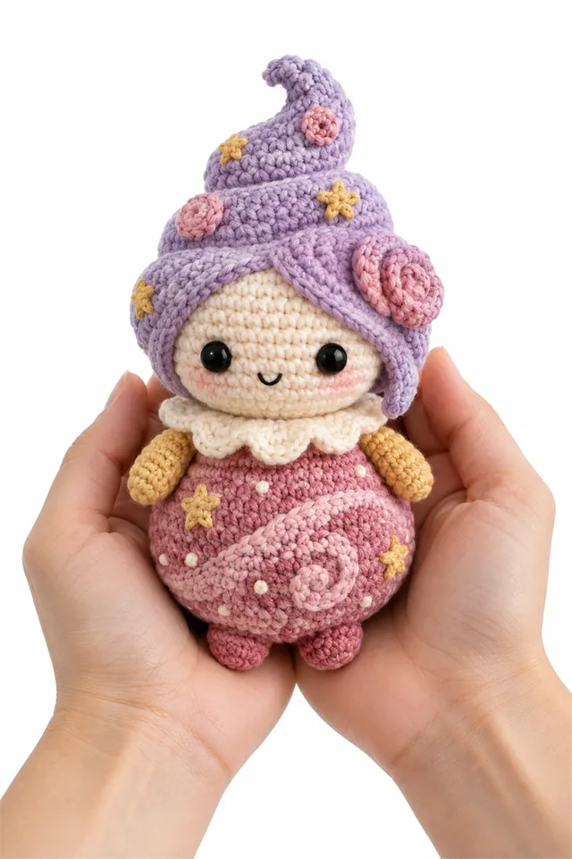 AI concept of a rose pink crochet nebula sprite amigurumi with swirling colors.