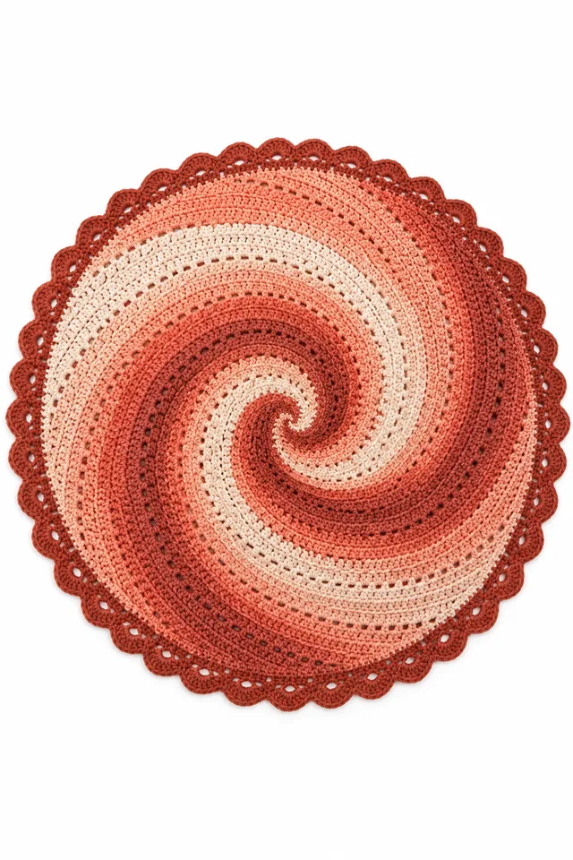 AI concept of a round crochet blanket with a sunset-colored spiral from center to edge.