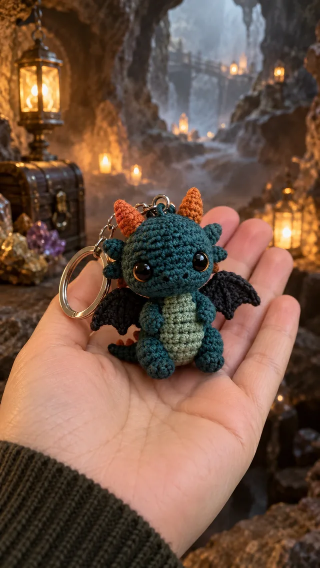 AI concept of a teal crochet dragon keychain with small orange horns and wings.