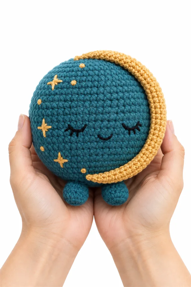 AI concept of a teal crochet eclipse amigurumi with a dark center and glowing corona.