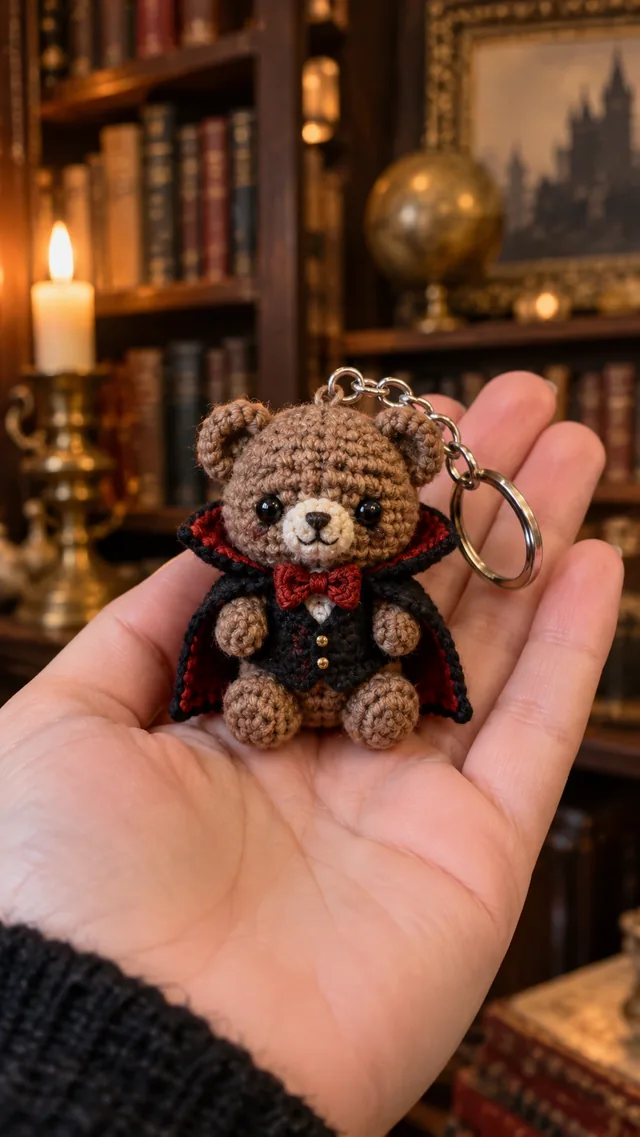 AI concept of a crochet teddy bear keychain dressed as a vampire with a dark cape.