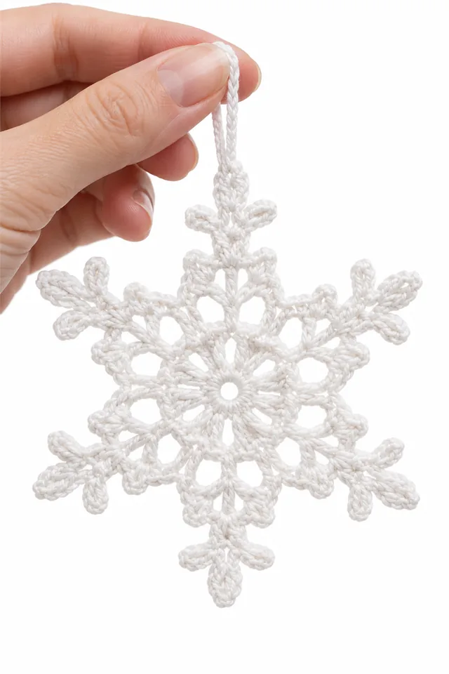 AI concept of a white crochet six-point snowflake Christmas ornament.