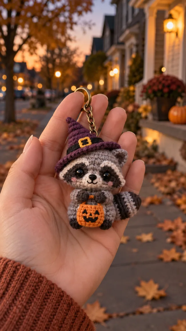 AI concept of a crochet raccoon keychain wearing a witch hat and holding a pumpkin bucket.